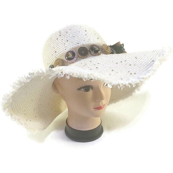 Falls Creek Women's Summer Hat  Wine Motif With Sunflower White & Tan Wide Brim - Picture 4 of 8